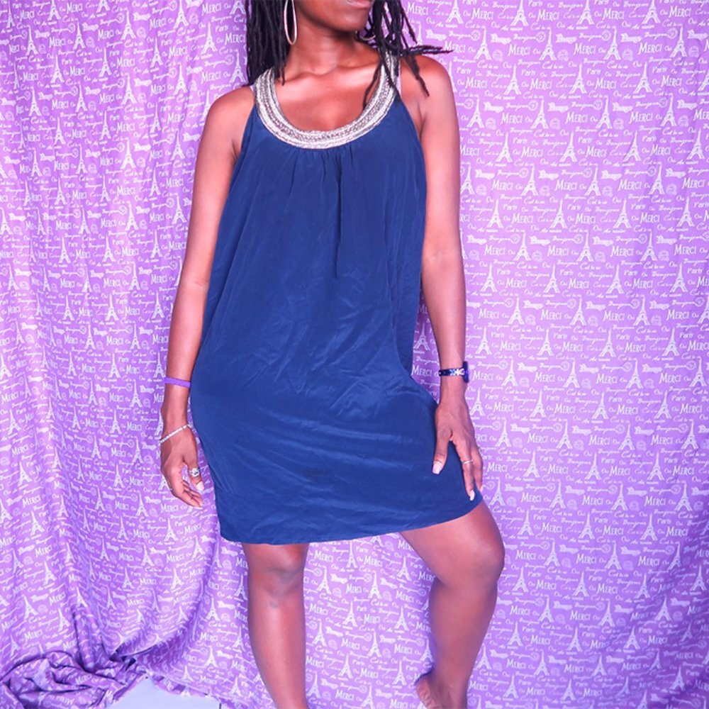 Joie racerback jeweled neckline silk short shift dress in navy blue and silver L